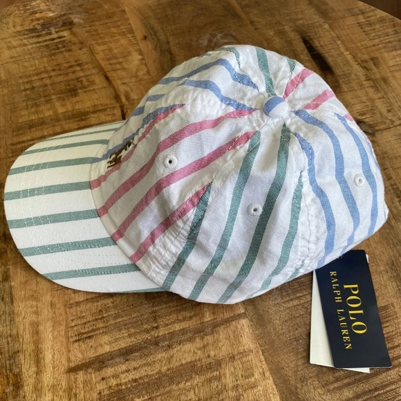 Polo Ralph Lauren White Multi Color Stripe Oxford Hat Cap Pony Logo - NEW NWT - Picture 2 of 6